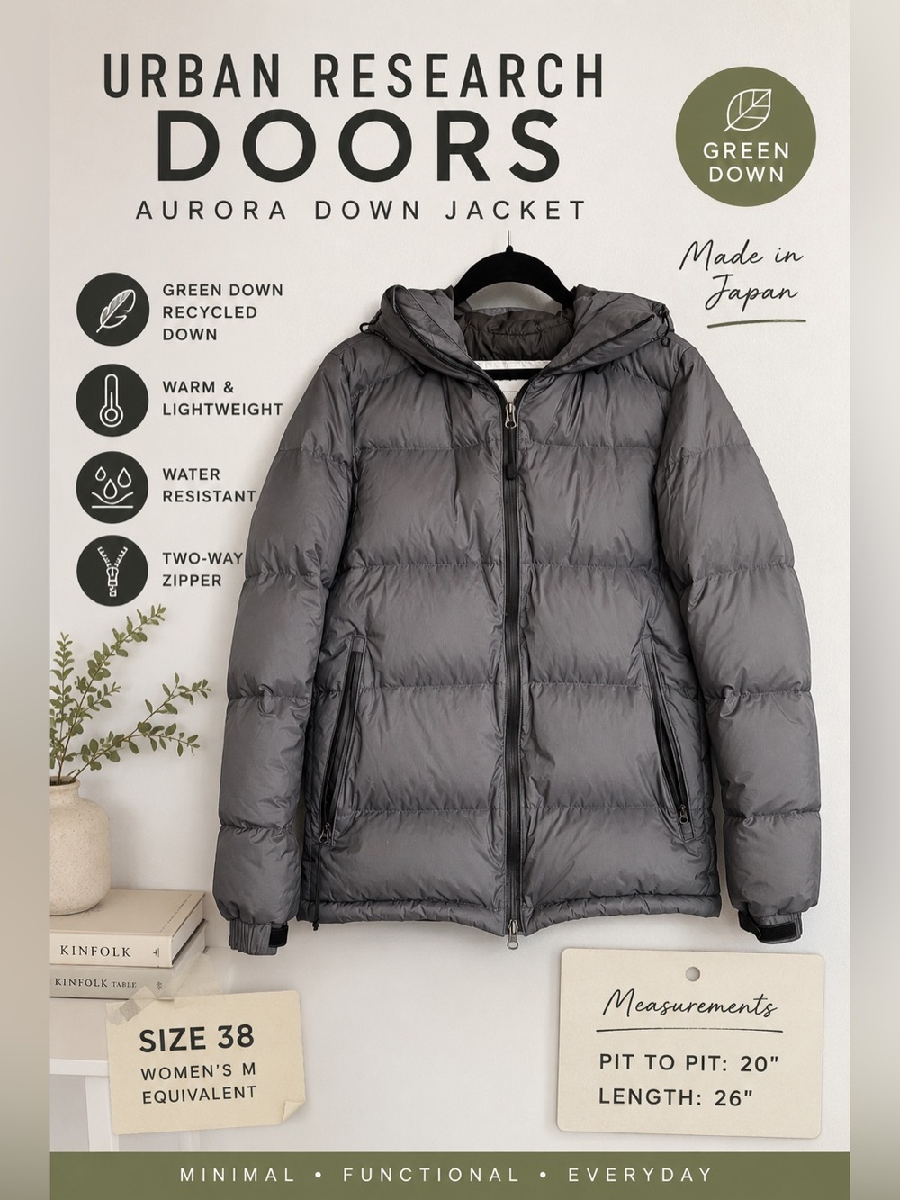Urban Research DOORS Aurora Green Down Hooded Puffer Jacket Gray Japan Size 38